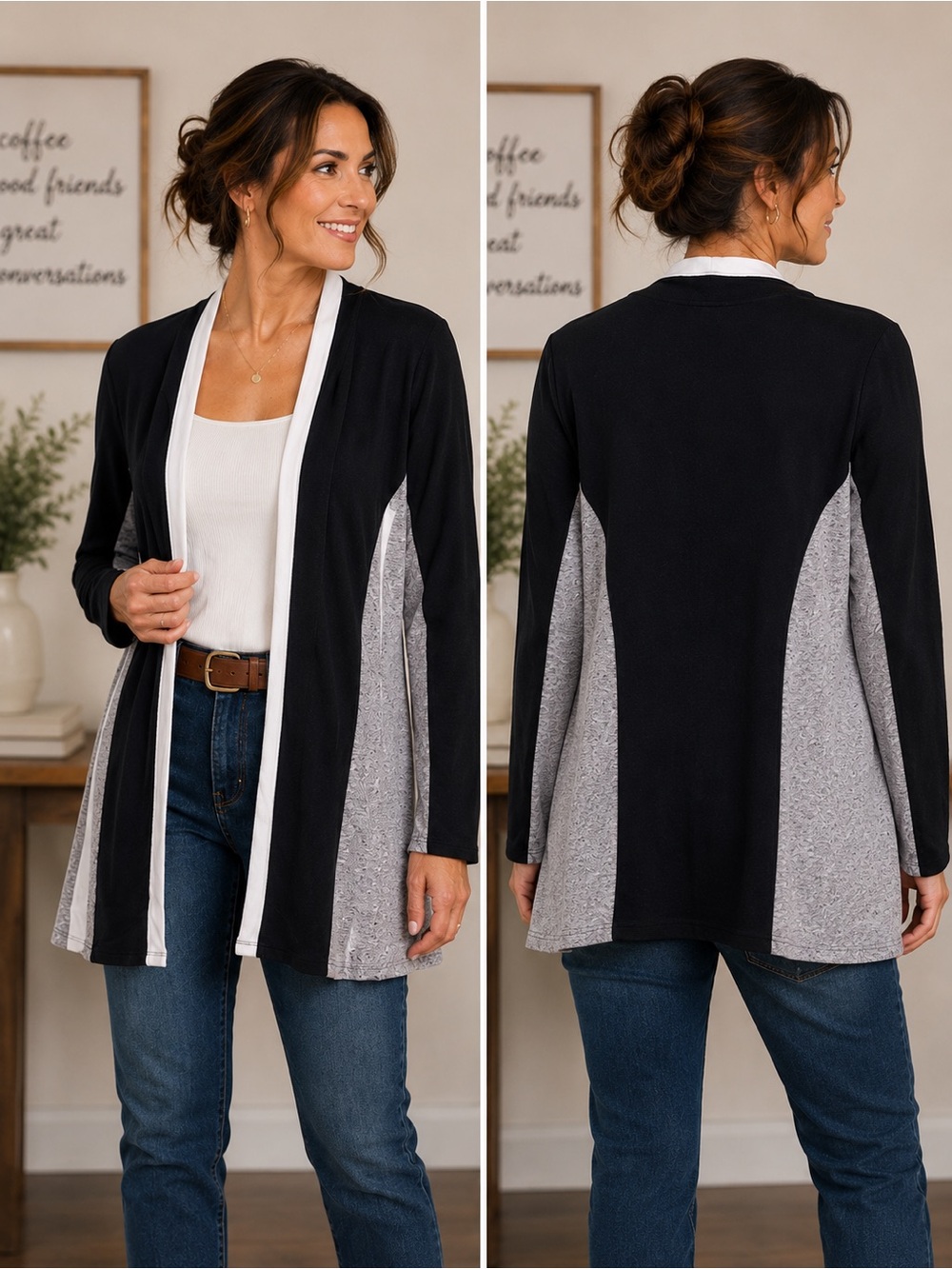 Chico’s Zenergy Black, Gray & White Cardigan